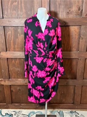 Calvin Klein Black Dress with Hot Pink Floral Print